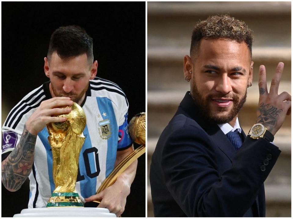 梅西（左）帶領阿根廷收下大力神盃，好友兼隊友內馬爾（右）19日也在社群向好友道恭喜。（路透社、AFP）
