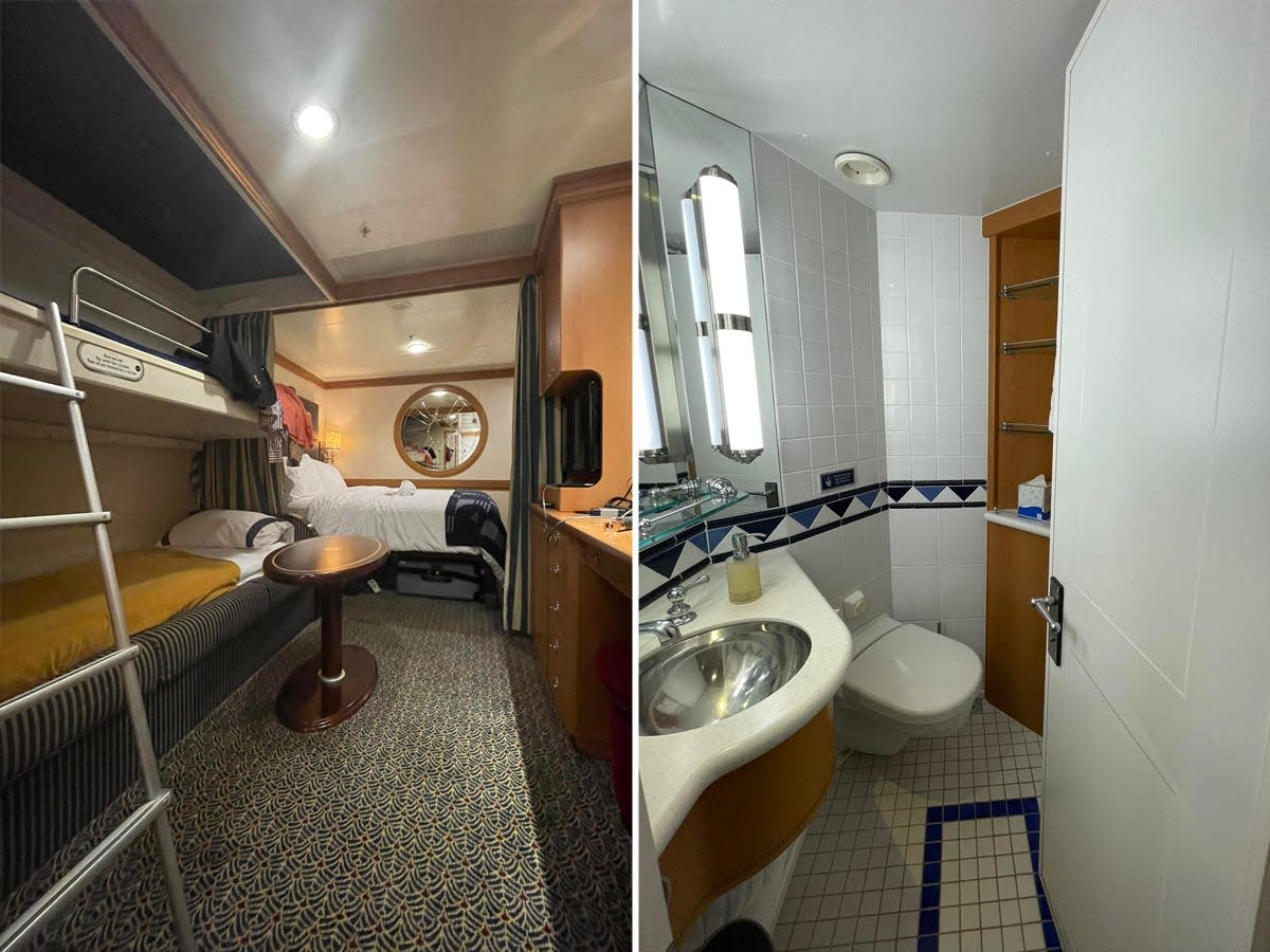 interior shots of the main part of a deluxe inside stateroom on disney magic and of the bathroom in the cruise room