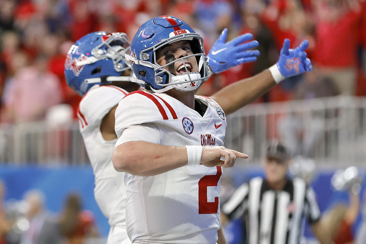 ATLANTA, GEORGIA - DECEMBER 30: Jaxson Dart #2 of the Mississippi Rebels celebrates his touchdown against the Penn State Nittany Lions during the fourth quarter in the Chick-fil-A Peach Bowl at Mercedes-Benz Stadium on December 30, 2023 in Atlanta, Georgia. (Photo by Alex Slitz/Getty Images)