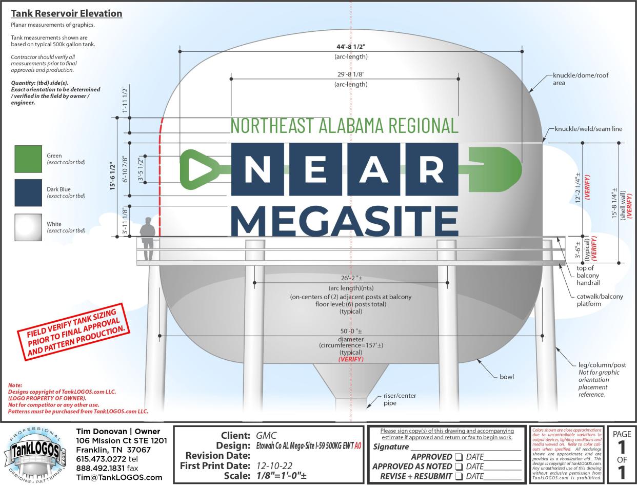 The specifications for an elevated water tank to be built by Etowah County at the Northeast Alabama Regional Megasite.