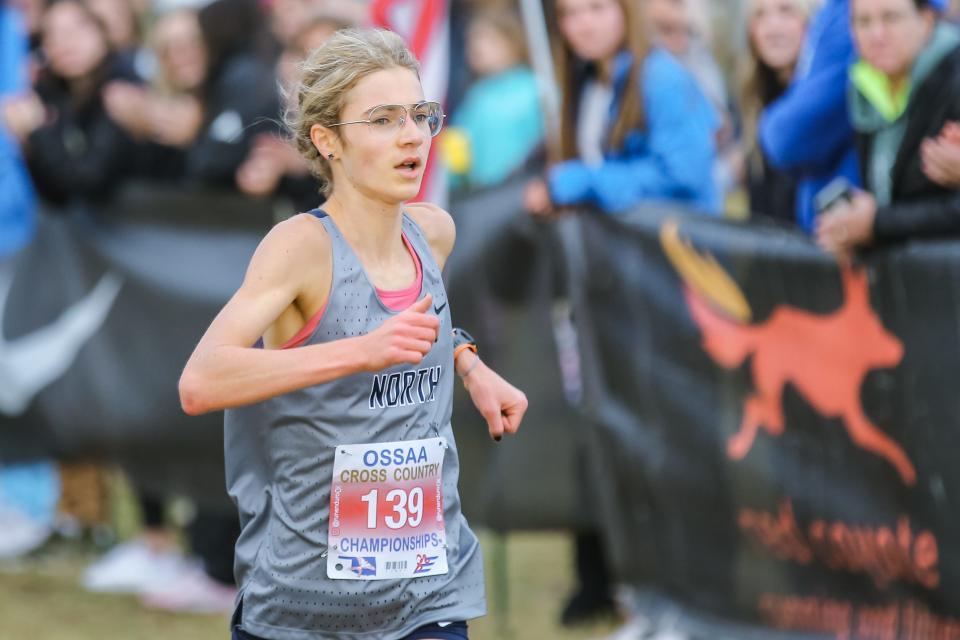 Edmond North's Liesel Kehoe crosses the finish line first in the 2022 OSSAA 6A State Cross Country meet at Edmond Santa Fe High School in Oklahoma City on Saturday, Oct. 29, 2022.