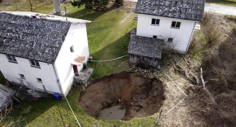 This aerial photo shows a sinkhole in the village of Mecencani, central Croatia