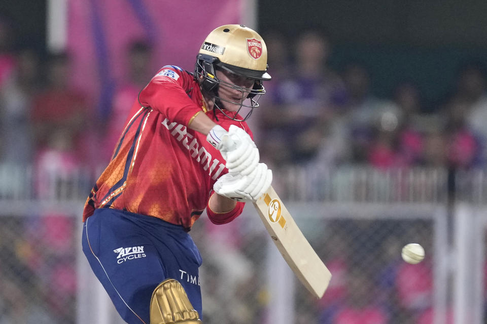 Punjab Kings' Sam Curran plays a shot during the Indian Premier League cricket match between Rajasthan Royals and Punjab Kings in Guwahati, India, Wednesday, May. 15, 2023. (AP Photo/Anupam Nath)