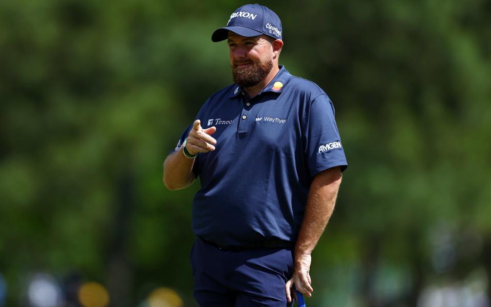 Shane Lowry of Ireland reacts on the first green during the first round of the 2024 Masters Tournament