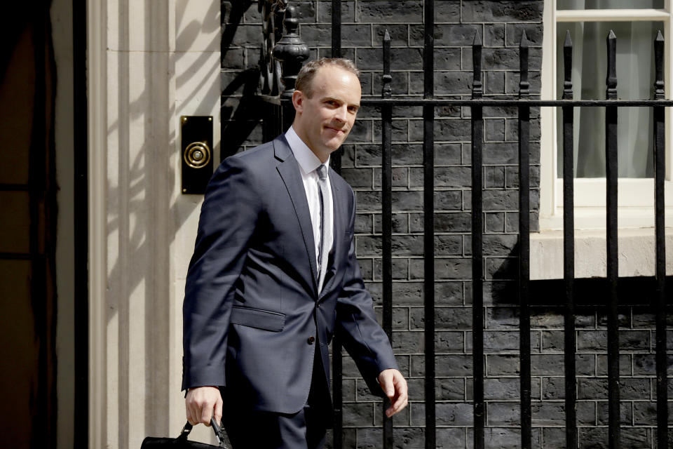 Britain’s new Secretary of State for Exiting the European Union Dominic Raab leaves No.10 on Monday morning. (AP)