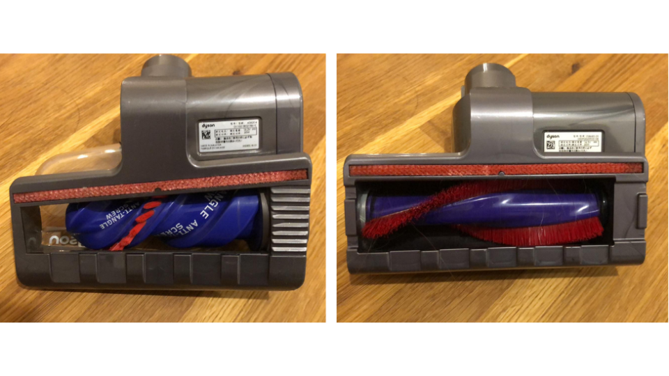 a side by side photo of the anti tangle hair screw tool that comes with the Outsize Total Clean, and the equivalent tool that comes with the V11 Outsize Pro and other V-series Dyson stick vacuums