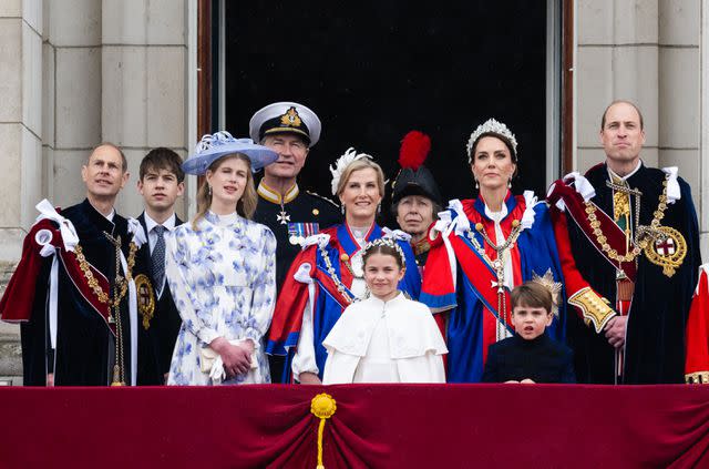 <p>Samir Hussein/WireImage</p> Royals on the balcony of Buckingham Palace on King Charles' May 6 coronation day.