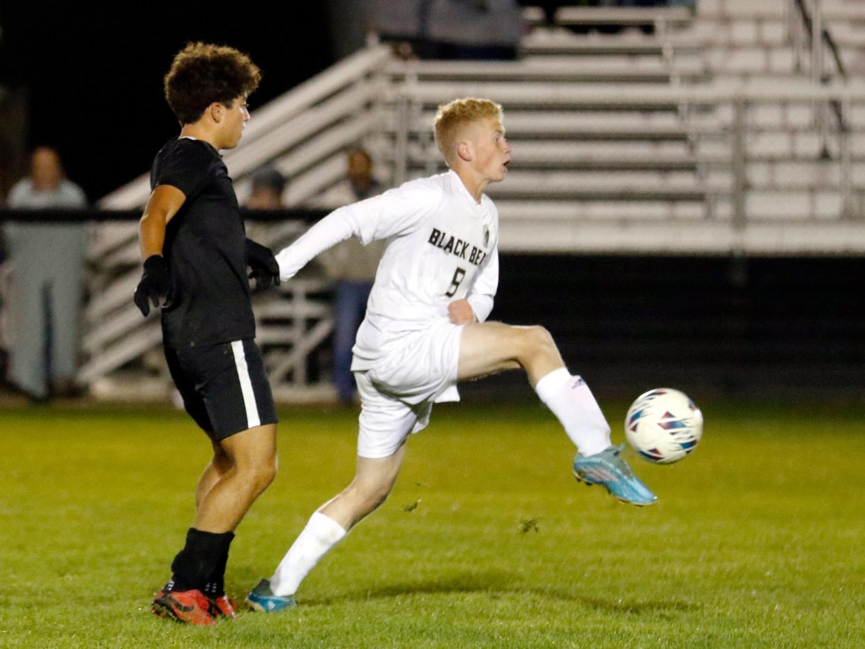 Remington Graham dribbles the ball during River View's 3-2 win against host Tri-Valley on Tuesday at Kenny Wolford Park.