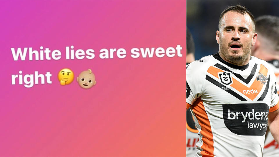 This picture shows Wests Tigers star Josh Reynolds and an Instagram post responding to his former girlfriend.