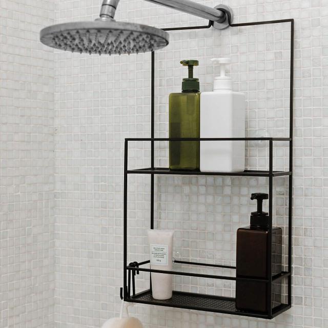 tia large over the showerhead rustproof shower caddy, teak shelves