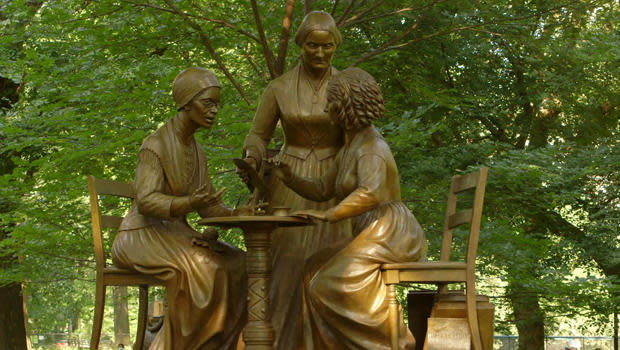 The Women's Rights Pioneers Monument in New York City's Central Park honors suffragists Sojourner Truth, Susan B. Anthony and Elizabeth Cady Stanton. / Credit: CBS News