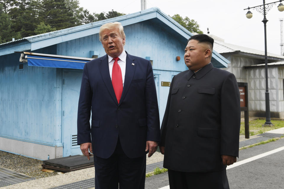 FILE - In this June 30, 2019, file photo, President Donald Trump meets with North Korean leader Kim Jong Un at the border village of Panmunjom in the Demilitarized Zone, South Korea. Trump is defending his North Korea policy at campaign rallies even though he’s joined a list of U.S. presidents unable to eliminate the nuclear threat from Kim Jong Un. (AP Photo/Susan Walsh, File)