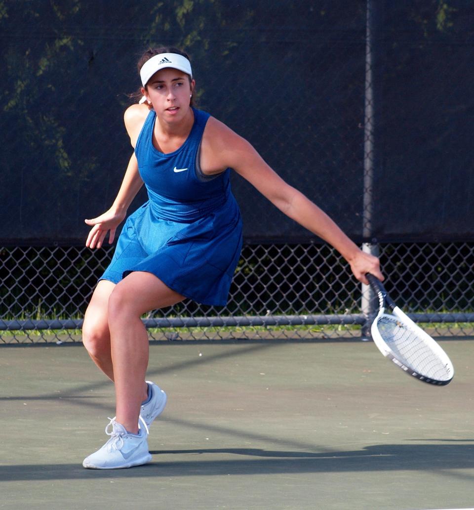 Saint Joseph No. 1 singles player Molly Bellia at the LaPorte tennis regional Tuesday, May 24, 2022.