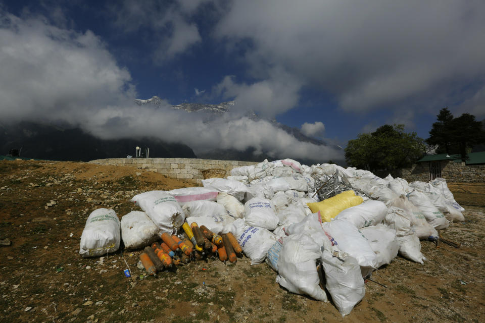 Sacks of garbage collected from Mount Everest is seen in Namche Bajar, Solukhumbu district, Nepal, on Monday. The garbage will be sent to Kathmandu for recycling. (Photo: ASSOCIATED PRESS)