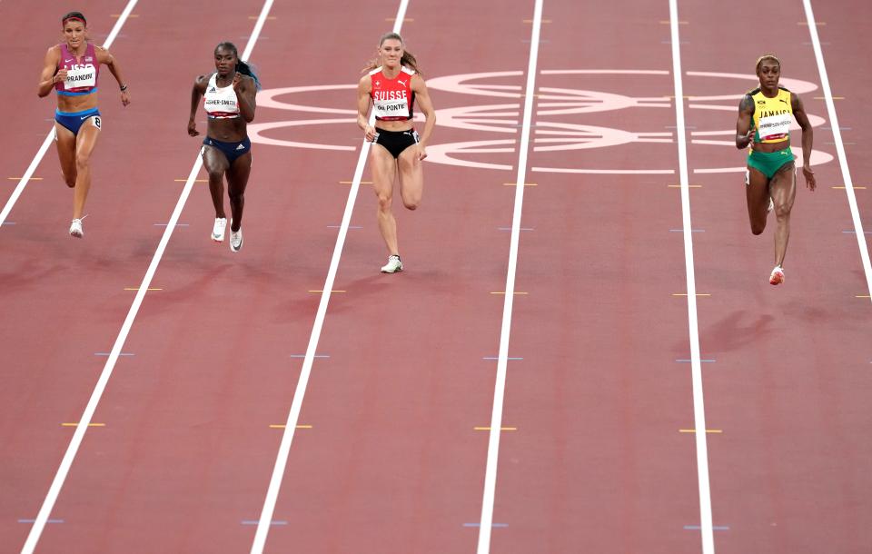 Dina Asher-Smith, second left, had to settle for third in her semi-final (Martin Rickett/PA) (PA Wire)