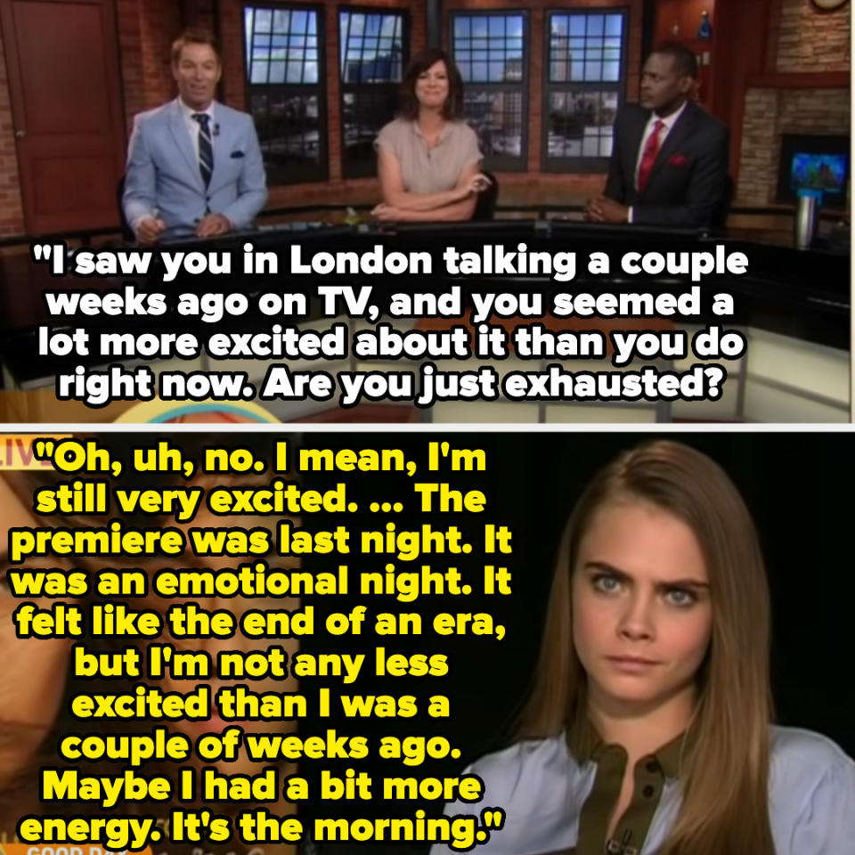 Three people during a TV interview, one person in the foreground appears skeptical or unimpressed. Subtitles from the interview are visible