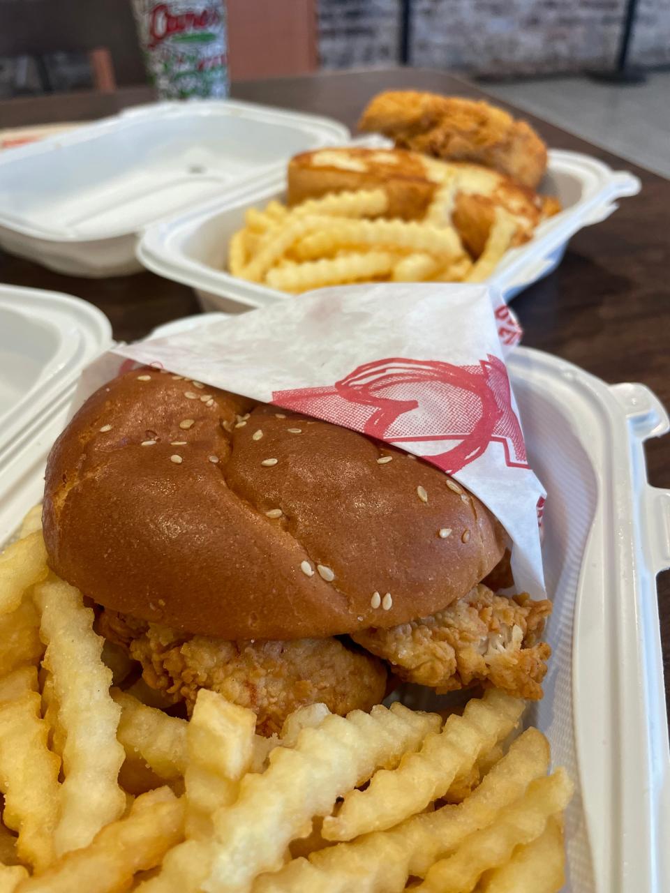 Menu offerings at Raising Cane’s Chicken Fingers on Cumberland Avenue include The Sandwich Combo, which is three fingers between a choice of Texas toast or a toasted bun, and also includes fries and a regular drink; and The 3 Finger Combo, which includes three chicken fingers, Cane’s Sauce, crinkle-cut fries, Texas toast, slaw and a regular drink.