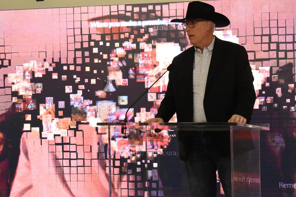 National Cowboy & Western Heritage Museum President Pat Fitzgerald speaks at the unveiling of the Oklahoma City museum's new permanent interactive exhibit "The Code of the West" Nov. 8, 2023.