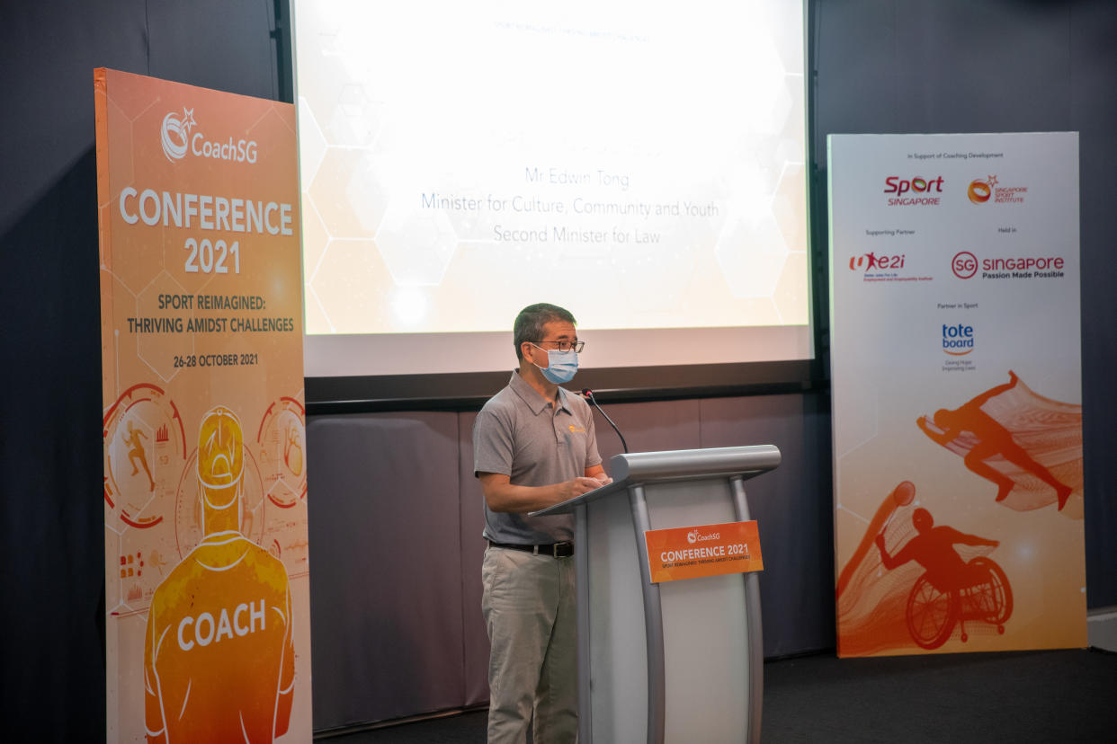 Minister for Culture, Community and Youth Edwin Tong opening the CoachSG Conference at the Sports Hub Auditorium. (PHOTO: Sport Singapore)