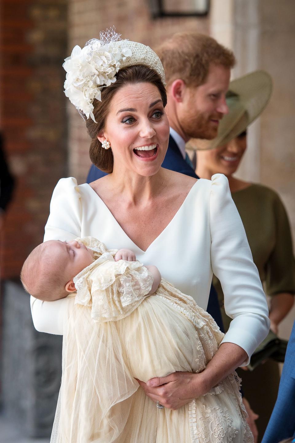 <a rel="nofollow noopener" href="https://people.com/royals/prince-louis-royal-christening-gown-prince-george-princess-charlotte/" target="_blank" data-ylk="slk:Louis wore the same gown;elm:context_link;itc:0;sec:content-canvas" class="link ">Louis wore the same gown</a> — a replica of the Victorian-era garment used in 62 royal christenings— that Charlotte and George did on their respective christenings in 2015 and 2013.