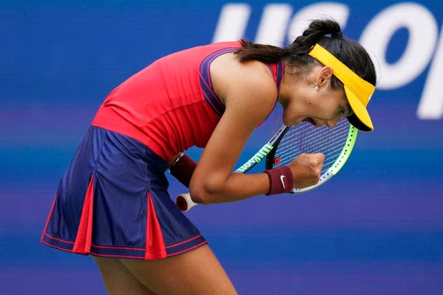 Emma Raducanu clenches her fist during her victory over Shelby Rogers