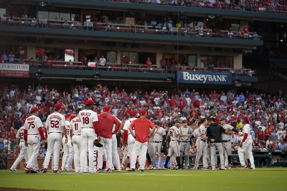 Benches clear briefly during a disagreement between the St. Louis Cardinals and San Francisco Giants during the fourth inning of a baseball game Tuesday, June 13, 2023, in St. Louis. (AP Photo/Jeff Roberson)