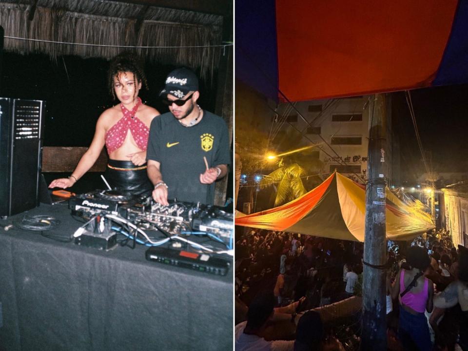 Side by side of a woman wearing a pink top at DJ booth (L) and an outdoor night party in Rio de Janeiro Brazil