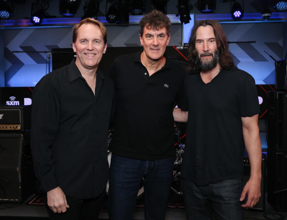 Bret Domrose (from left), Robert Mailhouse and Keanu Reeves of Dogstar visit the SiriusXM Studios on Sept. 22, 2023, in Los Angeles.