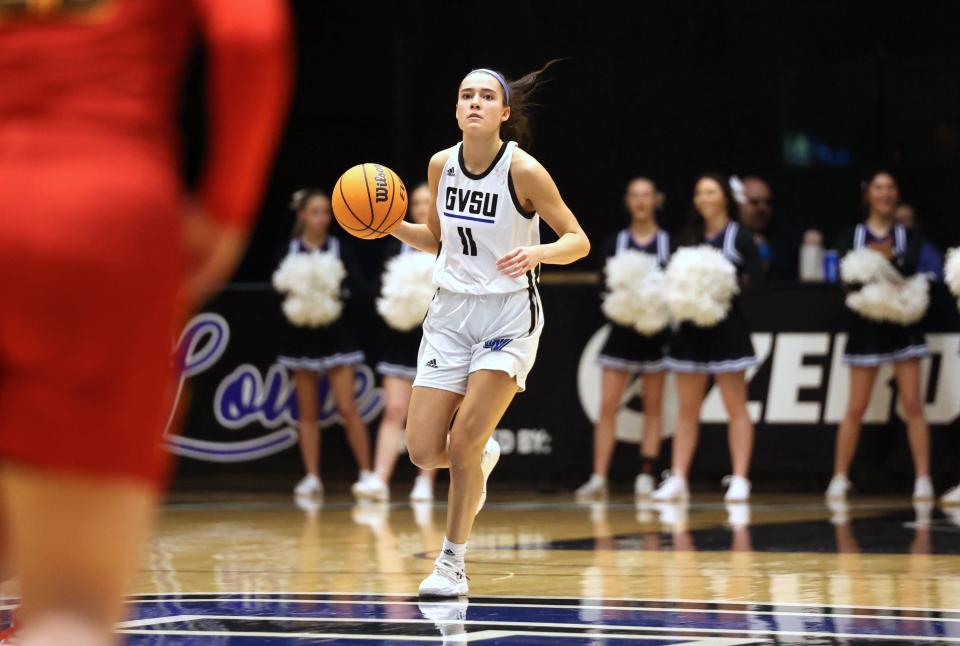 GVSU's Ellie Droste looks to pass on Saturday against Ferris State in Allendale.