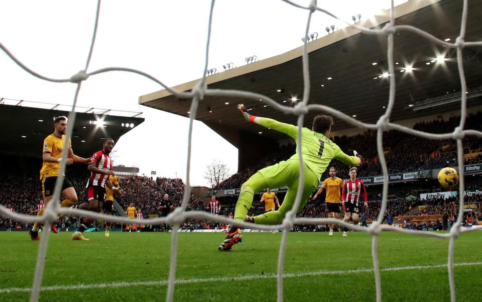 Brentford's Ivan Toney scores their second goal at Wolves