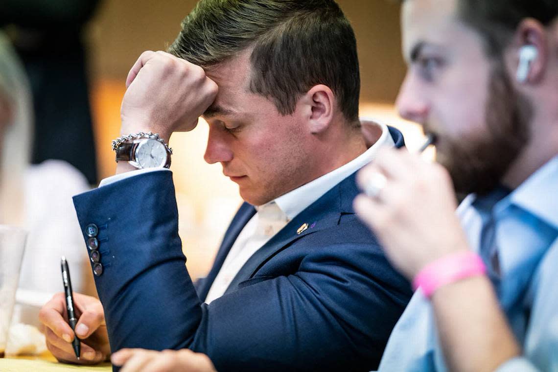Rep. Madison Cawthorn (R-N.C.) watches results from the North Carolina May 17 primary election that he would narrowly lose.
