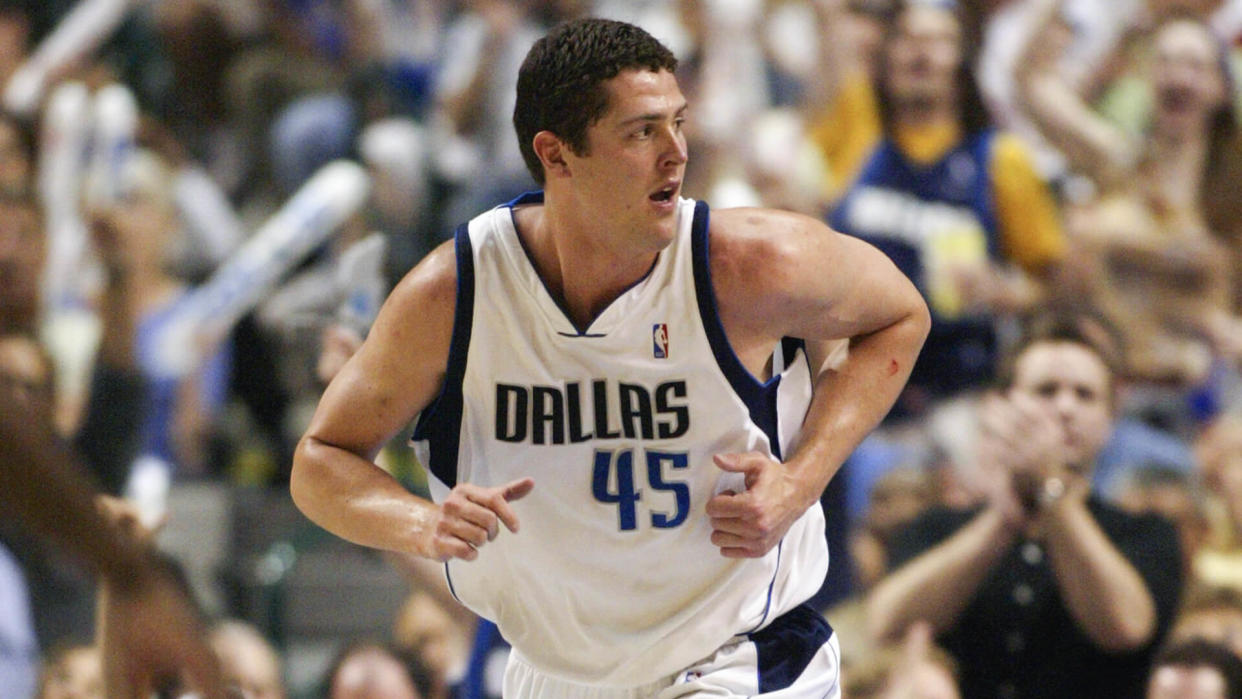DALLAS - MAY 29:  Raef LaFrentz #45 of the Dallas Mavericks runs upcourt in Game six of the Western Conference Finals during the 2003 NBA Playoffs against the San Antonio Spurs on May 29, 2003 at American Airlines Center in Dallas, Texas.