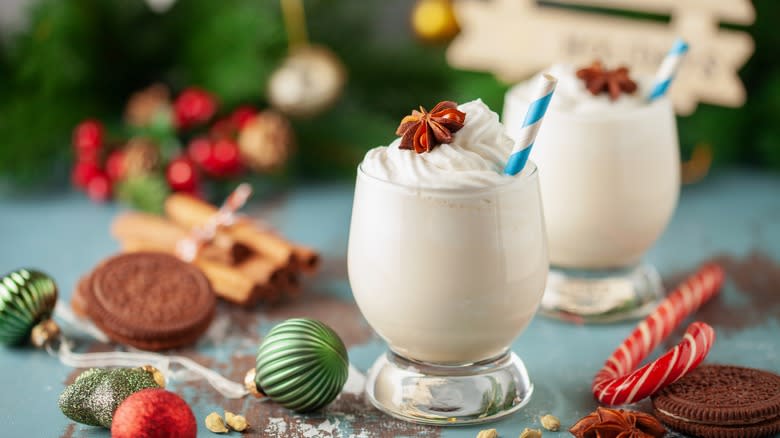 Glasses of eggnog with whipped cream
