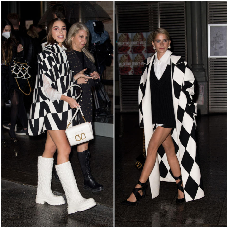 <p>Battle de tenues noir et blanc lors du défilé Valentino entre Miss Univers 2012 et l’influenceuse allemande. Léger avantage à Olivia Culpo qui a pensé aux bottes de pluie (stylées évidemment !) pour battre le pavé parisien humide. © Getty Images</p> 