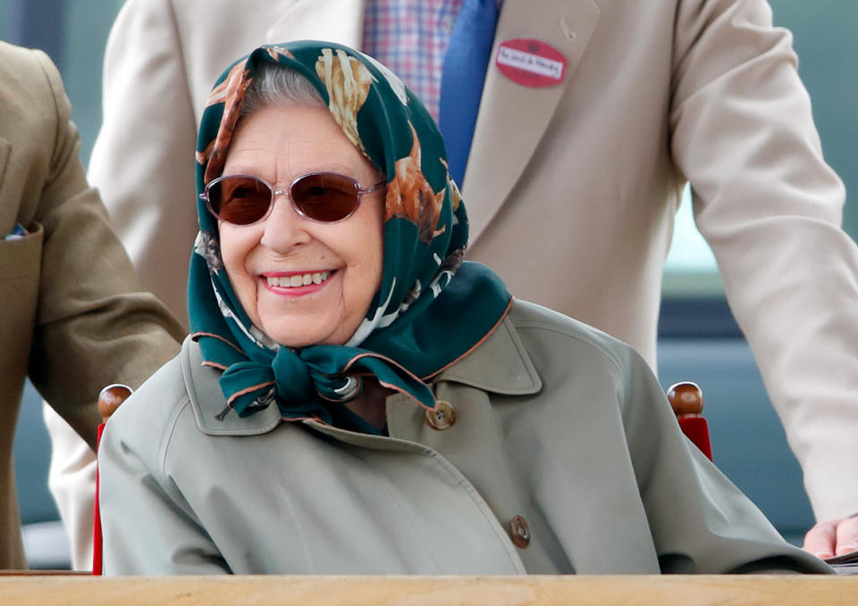 WINDSOR, UNITED KINGDOM - JULY 04: (EMBARGOED FOR PUBLICATION IN UK NEWSPAPERS UNTIL 24 HOURS AFTER CREATE DATE AND TIME) Queen Elizabeth II watches her horse 'Fools Paradise' compete in the 'Small Riding Horse' class on day 4 of the Royal Windsor Horse Show in Home Park, Windsor Castle on July 4, 2021 in Windsor, England. (Photo by Max Mumby/Indigo/Getty Images)