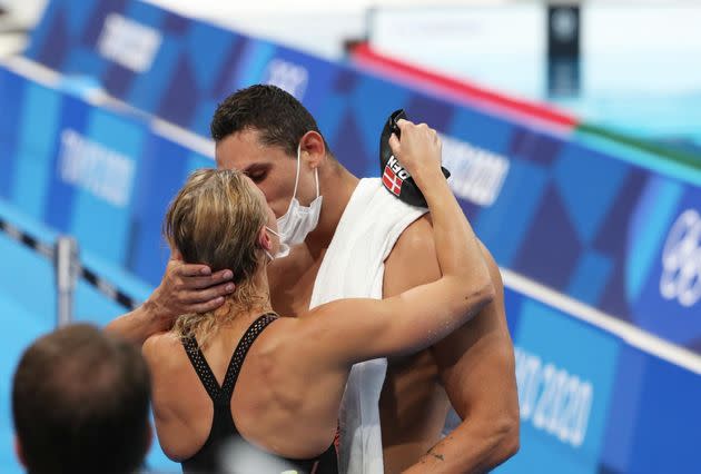 TOKYO, JAPAN - AUGUST 01: Florent Manaudou of Team France celebrate his second place in men's 50m freestyle final with his girlfriend Pernille Blume of Team Denmark on day nine of the Tokyo 2020 Olympic Games at Tokyo Aquatics Centre on August 01, 2021 in Tokyo, Japan. (Photo by Xavier Laine/Getty Images) (Photo: Xavier Laine via Getty Images)