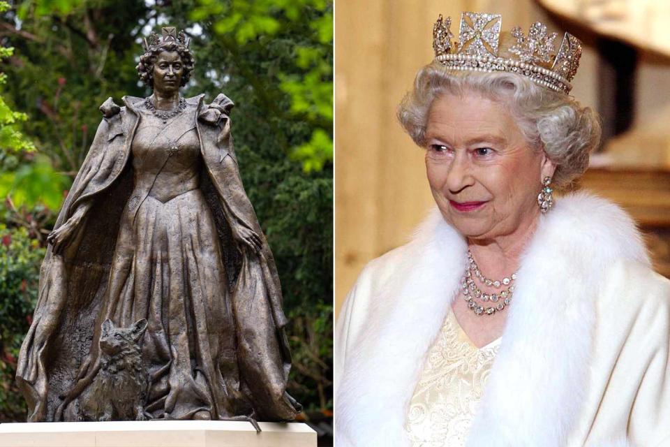 <p>Carl Court/Getty Images; Tim Graham Picture Library/Getty Images</p> (Left) A new statue of Queen Elizabeth in Oakham, England, on April 22, 2024; Queen Elizabeth at the State Opening of Parliament in 2002. 