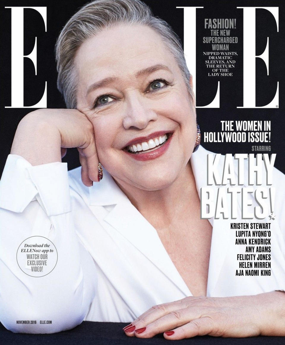 <p>Bates was on the cover of <em>Elle</em>’s November 2016 issue at 68 years old. (Photo: Elle) </p>