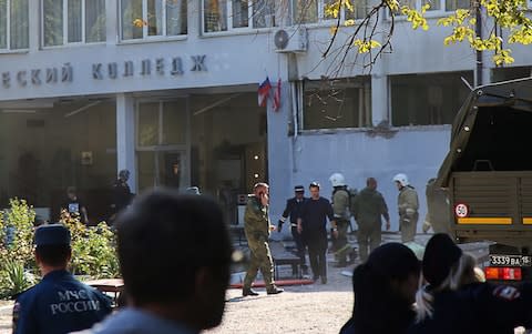 The site of a bomb blast at a college in the Crimean city of Kerch; at least ten people have been killed in the explosion, over fifty have been injured. - Credit: Yekaterina Keizo/TASS / GETTY IMAGES