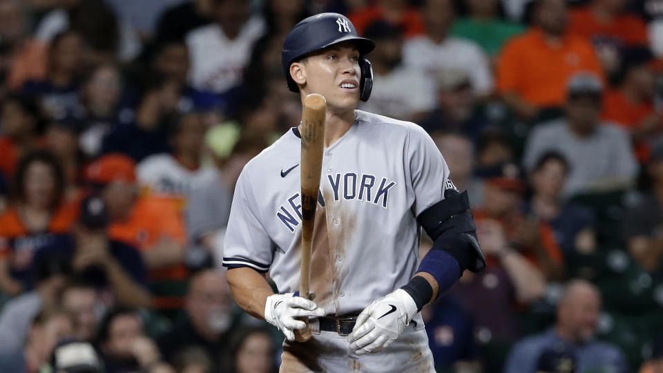 New York Yankees' Aaron Judge during a baseball game against the Houston Astros Friday, July 9, 2021, in Houston. (AP Photo/Michael Wyke)