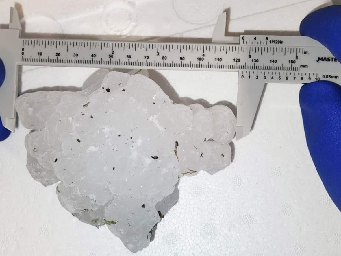 This record-breaking hailstone was recovered northwest of Markerville, Alta., on Monday. Its weight was recorded as 292.71 grams and its diameter as 123 millimetres. (Francis Lavigne-Theriault/Northern Hail Project - image credit)