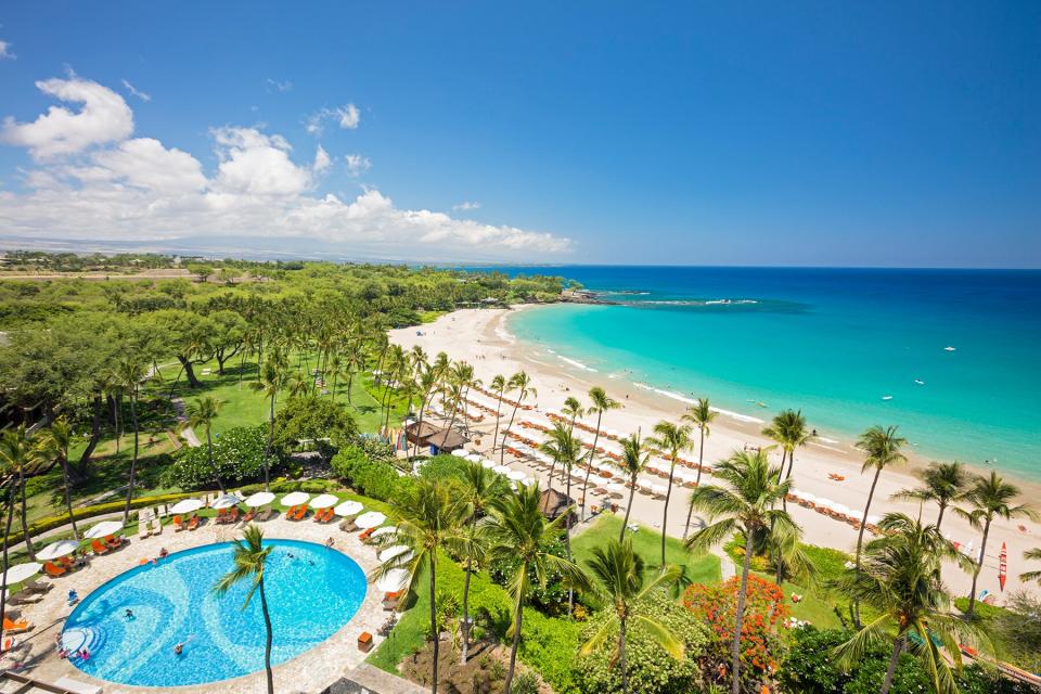 Aerial view of the beach and pool at Mauna Kea Beach Hotel