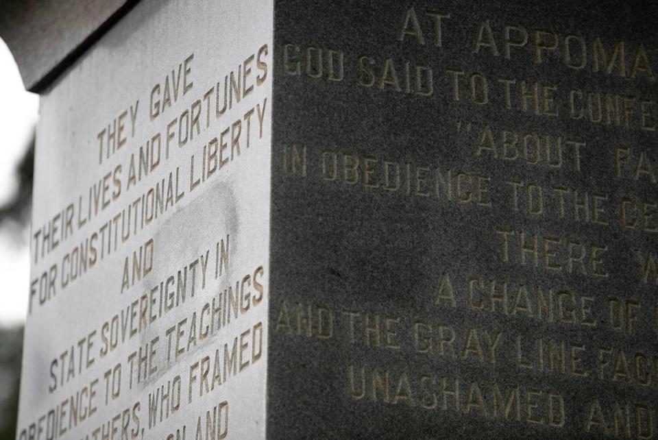 Detail of the inscriptions on the 106-year-old Confederate monument on N. Main Street on Thursday, June 25, 2020 in Louisburg, N.C.