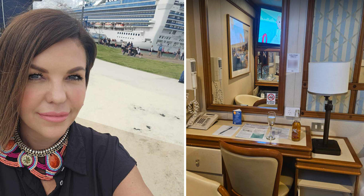 Corinne McIvor, 39, smiles with the Pacific Encounter behind her before she was allegedly bitten by bed bugs (left). An image of her cabin with a glass of wine and beer opened on the table (right). 