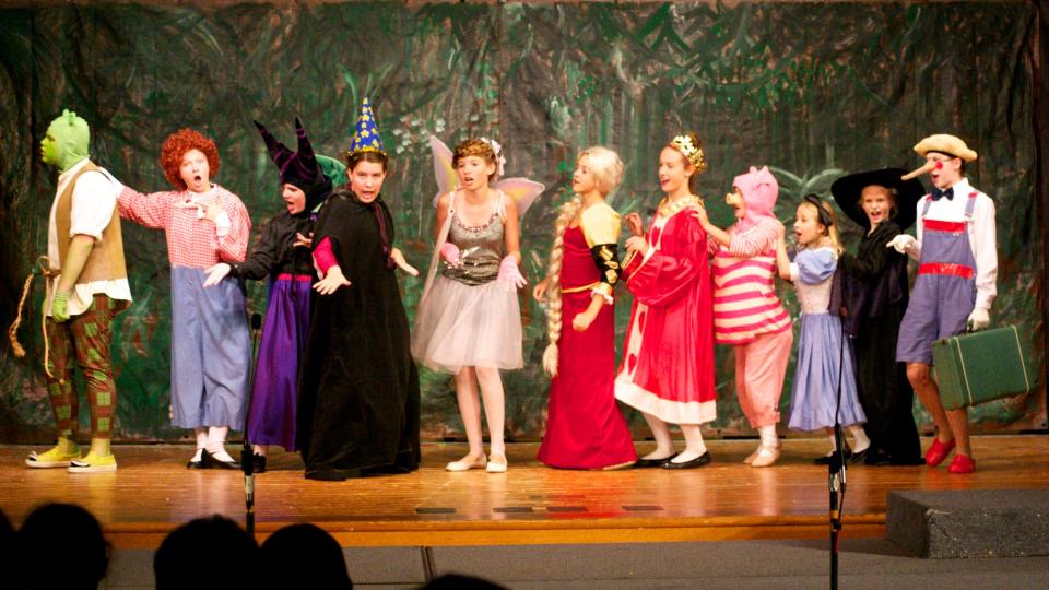 Characters from a Cape Cod Kids on Broadway workshop, from Shrek to Pinocchio.