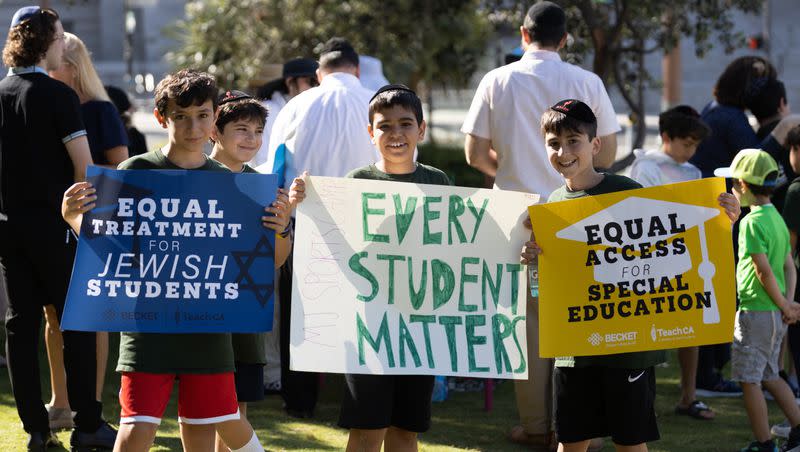 Jewish students in Los Angeles participate in a rally on July 21, 2023, for a lawsuit challenging a California law preventing religious schools from obtaining special education funds.