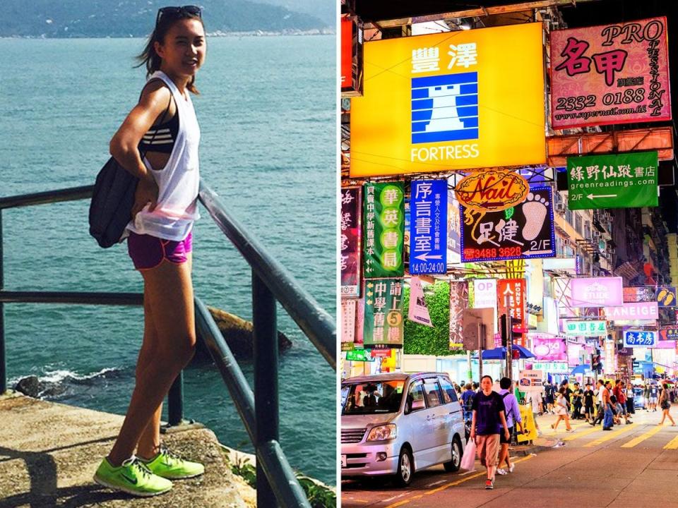 Kaitlyn Cheung hiking in hong kong with water in background on left, busy hong kong street at night on the right