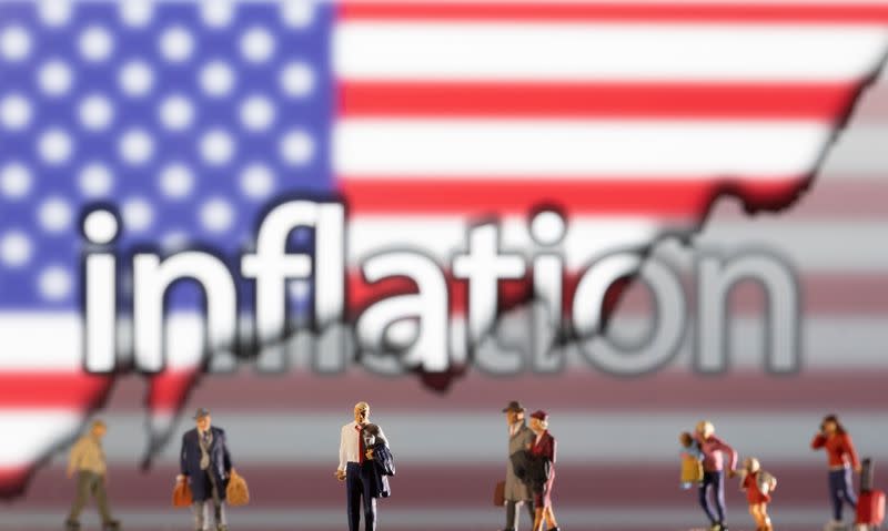 Illustration shows small figurines, displayed word "Inflation", U.S. flag and rising stock graph