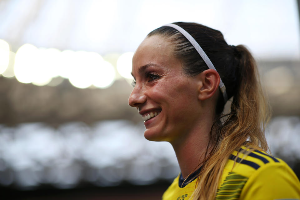 NICE, FRANCE - JUNE 16: Kosovare Asllani of Sweden is interviewed by media following her team's victory in the 2019 FIFA Women's World Cup France group F match between Sweden and Thailand at Stade de Nice on June 16, 2019 in Nice, France. (Photo by Joosep Martinson - FIFA/FIFA via Getty Images)