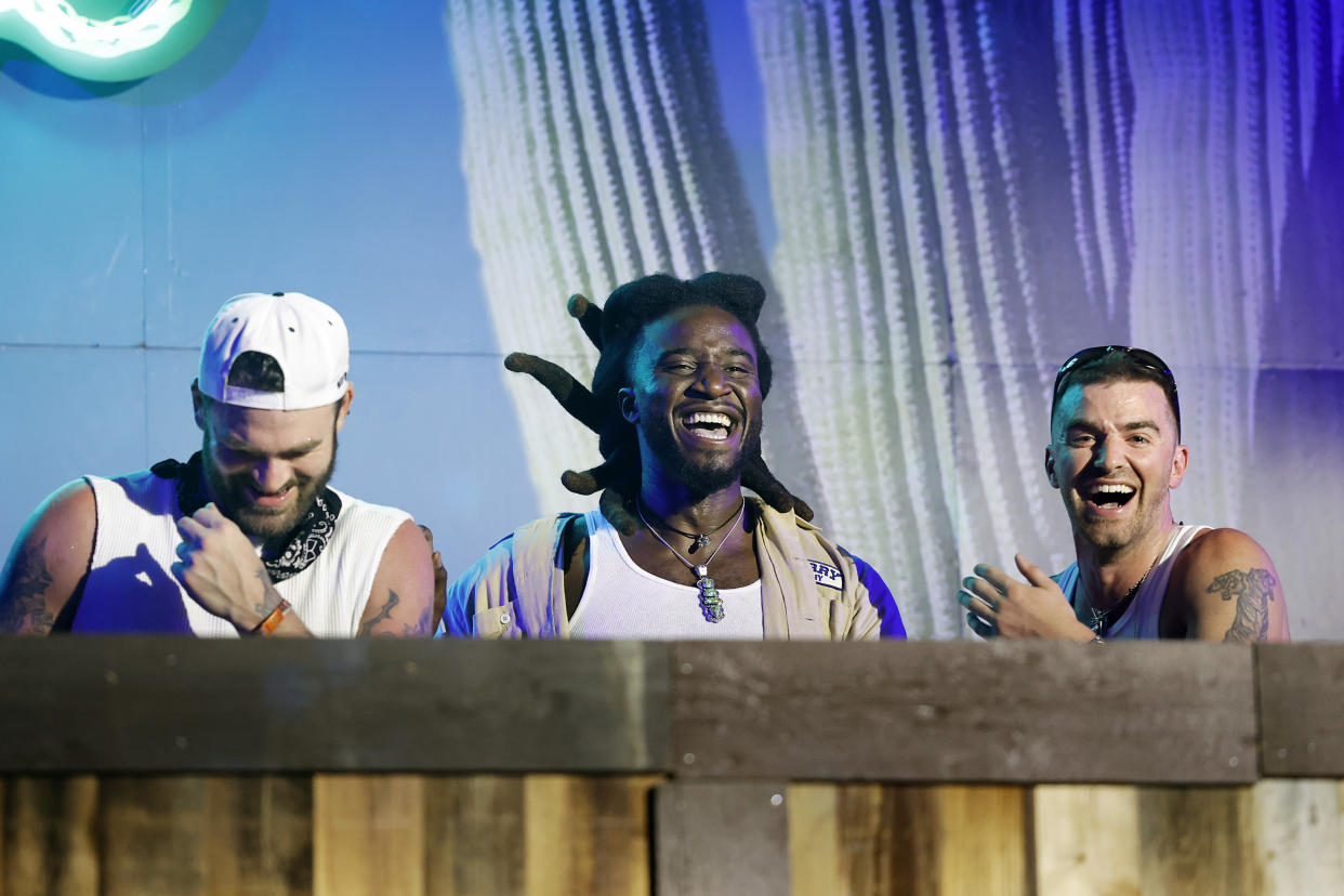 INDIO, CALIFORNIA - APRIL 27: (FOR EDITORIAL USE ONLY) (L-R) Alex Pall of The Chainsmokers, Shaboozey and Andrew Taggart of The Chainsmokers perform at the Diplo's Honky Tonk during the 2024 Stagecoach Festival at Empire Polo Club on April 27, 2024 in Indio, California. (Photo by Frazer Harrison/Getty Images for Stagecoach)